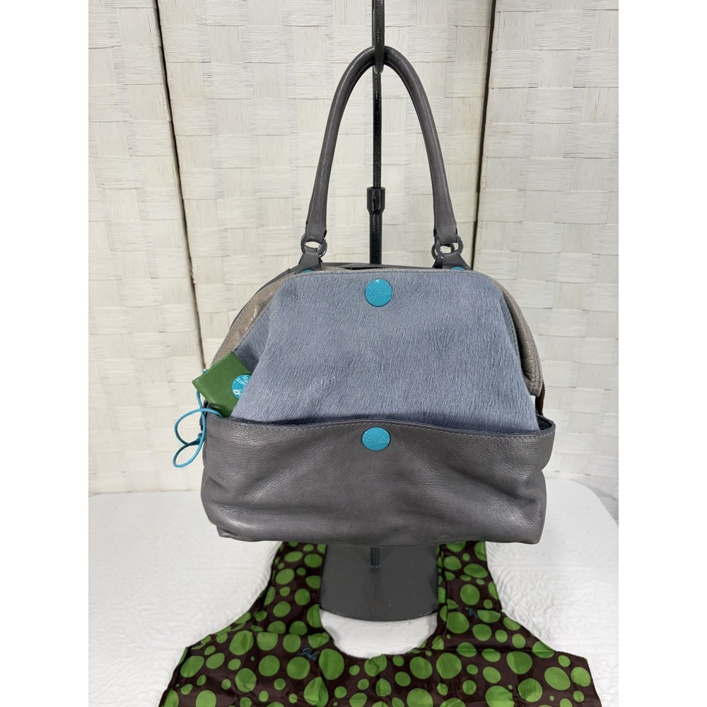 Gabs gray convertible bag blue gray calf hair front turquoise snap buttons